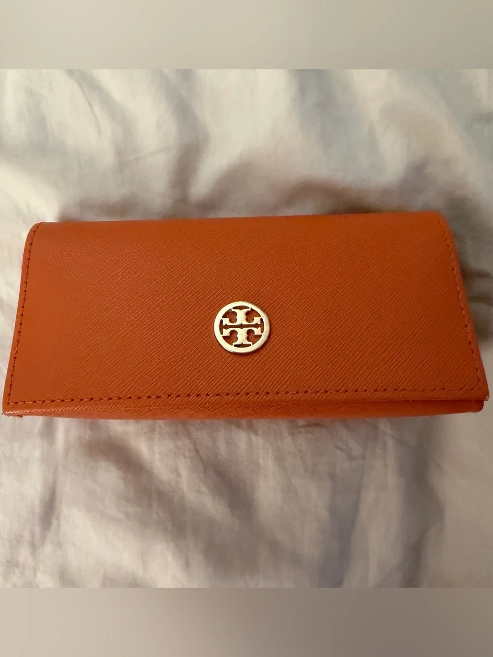 Tory Burch Orange Saffiano Continental sunglasses holder with Gold Logo